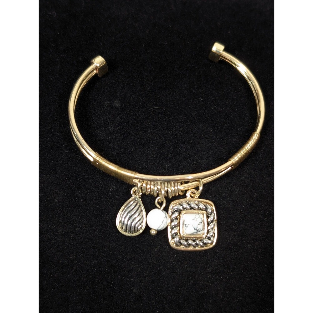 Two Tone Cable Cuff Bracelet Gold Silver Square‎ Charm Small 6 in Minimalist